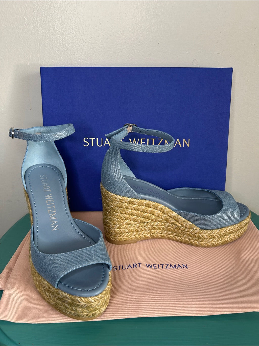 Stuart Weitzman Nudistia Metallic Denim Blue Espadrille Wedge Sandal Ankle Strap